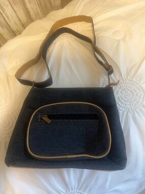 Women’s Multi Compartment Denim Shoulder Bag with Tan Trim